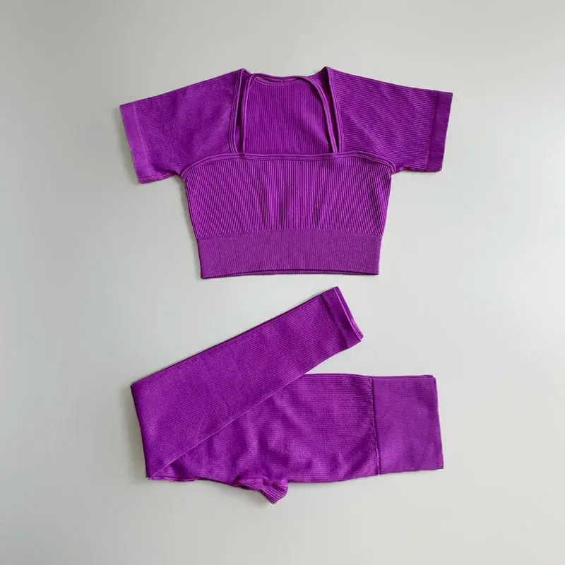 Cusuti Seamless Yoga Set 2 Piece Workout Outfit Crop Top High Waist Shorts Activewear