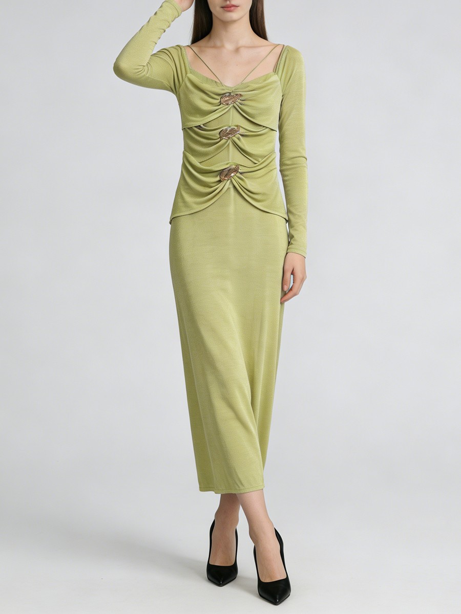 Slim Fit A Line Dress, Square Collar, Metal Flowers Decoration, Polyester Woven for Slim Fit A Line Dress, Square Collar, Metal Flowers Decoration, Polyester Woven view 4