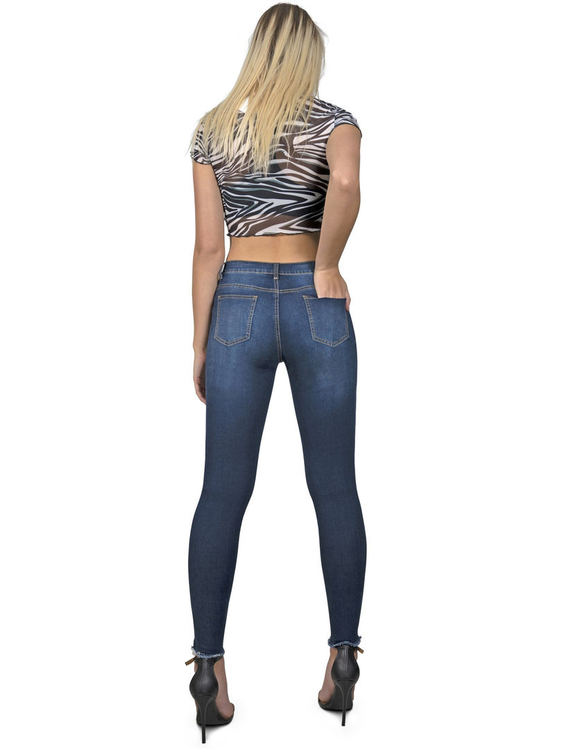 Mid-rise distressed skinny jeans with fading detail, dark wash, and stretch fabric