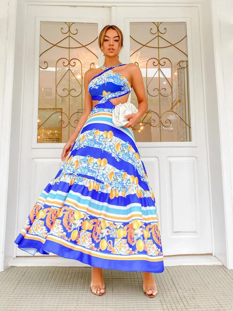 Cusuti Bohemian Printed Halter Dress - Sleeveless & Backless Design