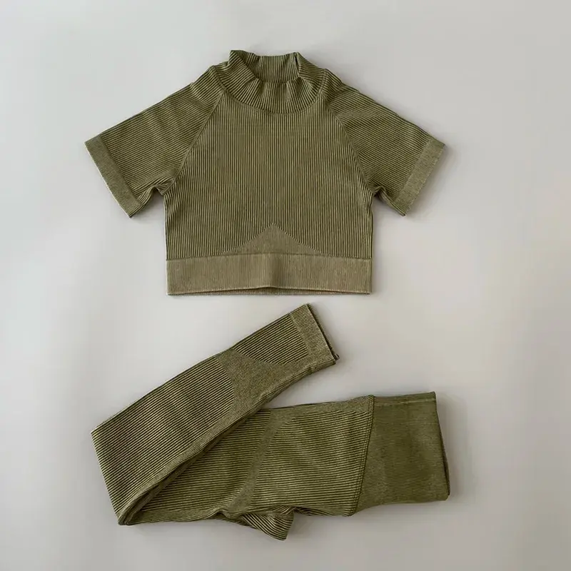 Cusuti Seamless Yoga Set High Waist Leggings Short Sleeve Crop Top Activewear Fitness