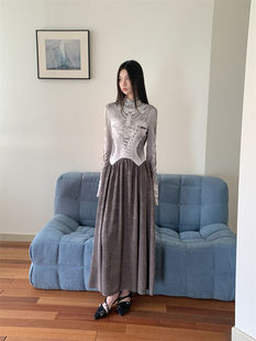 Vintage Print Patchwork Midi Dress, Knit Turtleneck A-Line, Polyester