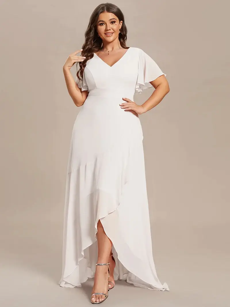 A photo of a model wearing a A-line evening dress made from flowing chiffon with a v-neckline, regular sleeves,