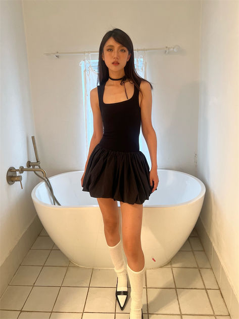 Knit Camisole Dress, Square Collar Patchwork Mini Dress, Black, Cotton Blend,