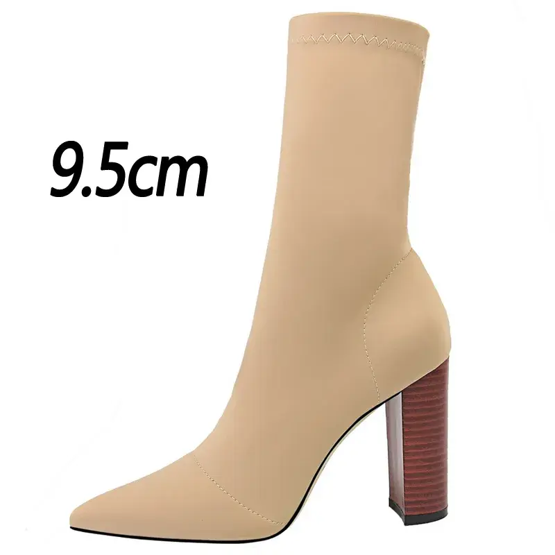 Stretch Ankle Boots. Cusuti-inspired style. Stretch fabric upper. Pointed toe. Super high thin heels (8cm+). Zipper closure.