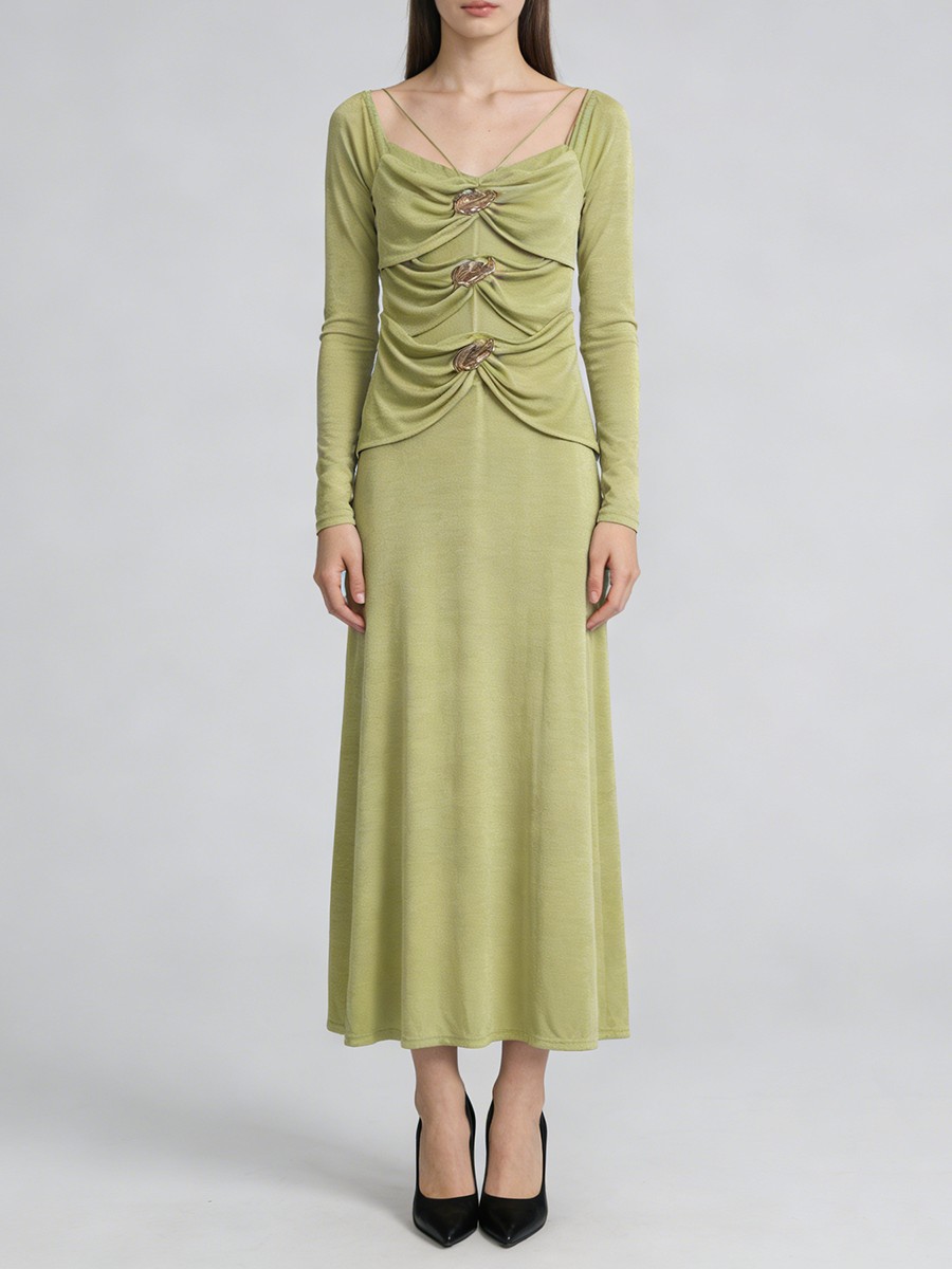 Slim Fit A Line Dress, Square Collar, Metal Flowers Decoration, Polyester Woven for Slim Fit A Line Dress, Square Collar, Metal Flowers Decoration, Polyester Woven view 3