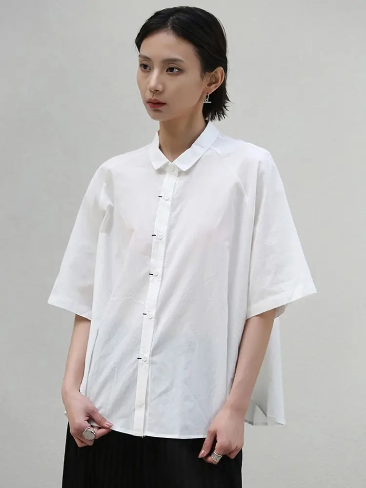 Photo of modal with Cusuti's  relaxed-fit White Jersey Shirt with turn-down collar, short sleeve with cotton-polyester fabric
