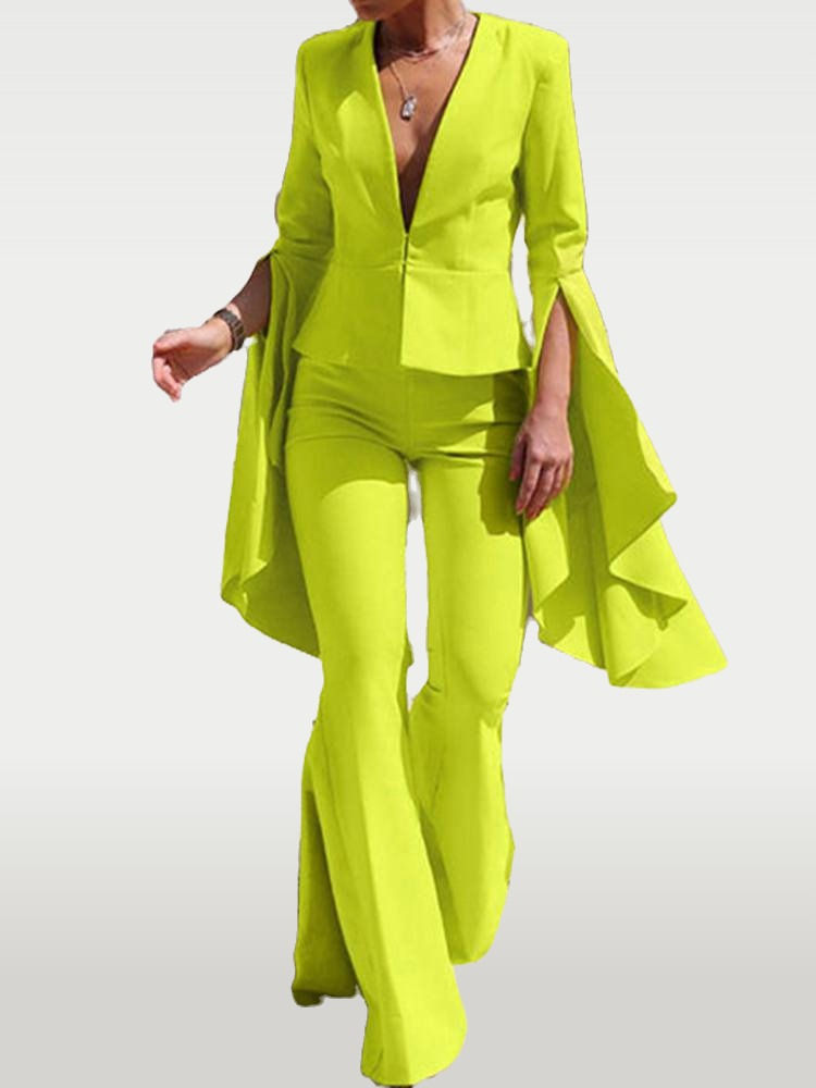 Women's Stylish Solid Color Party Pants Suit with Flared Sleeves