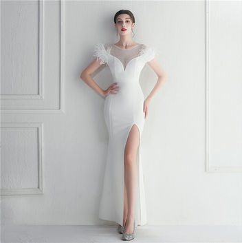Formal Evening Dress, Trumpet Mermaid Silhouette, Crystal Feather Satin, Zipper