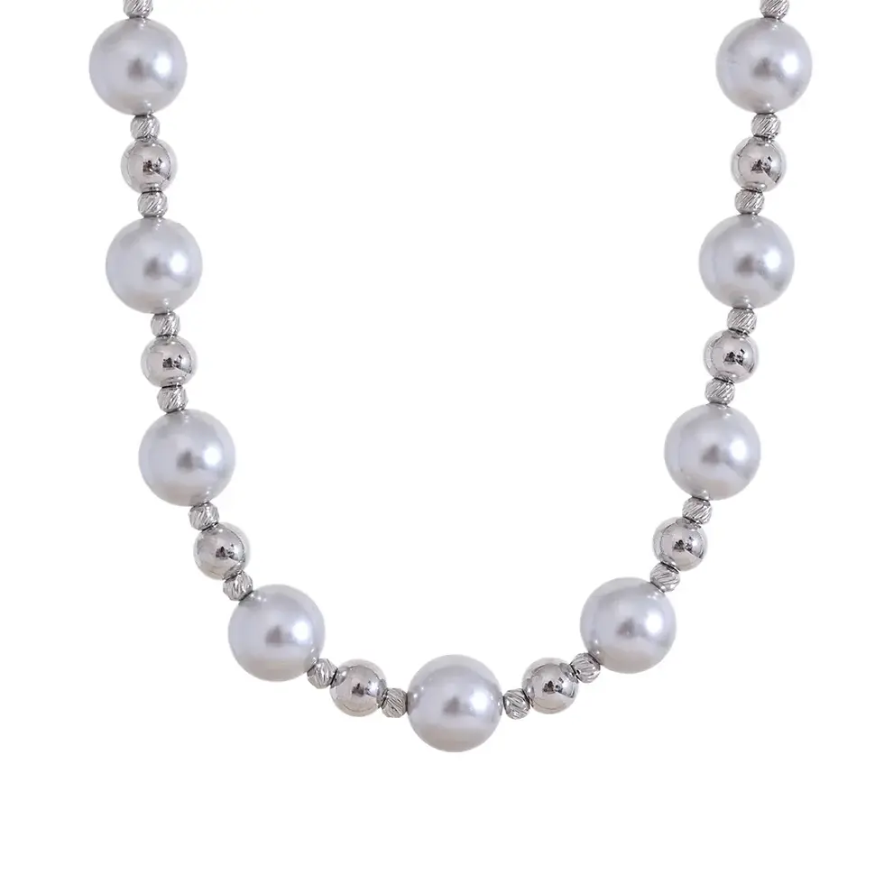 A  geometric pendant necklace with a simulated pearl, crafted in gold-plated stainless steel.