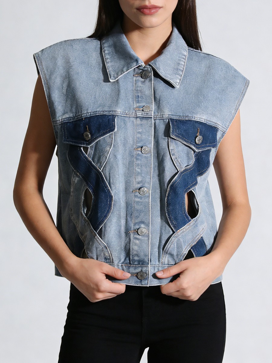 Cowboy Vest, Hollow Out Sleeveless Outerwear, Turn Down Collar, Polyester for Cowboy Vest, Hollow Out Sleeveless Outerwear, Turn Down Collar, Polyester view 1