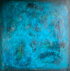 Contemporary abstract acrylic painting by Tulli Perry in teal, green, and black featuring layered textures and subtraction techniques.