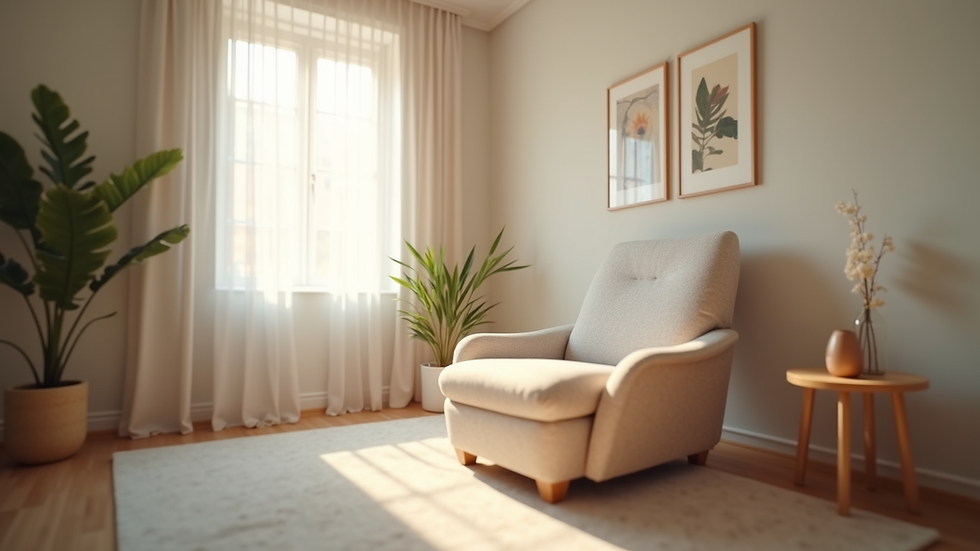 Eye-level view of a calm therapy room with a comfortable chair and soft lighting