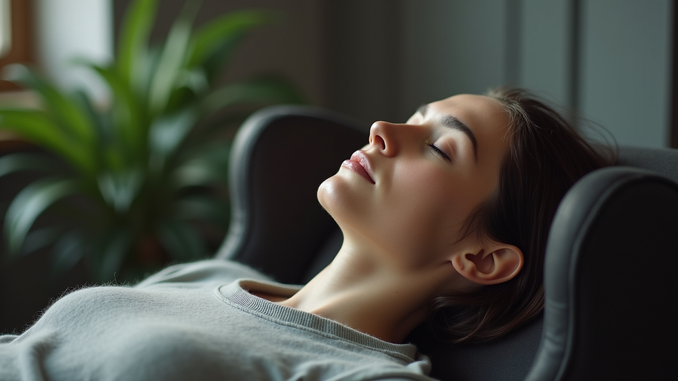 Close-up view of a hypnosis session in progress with a relaxed individual reclining in a chair