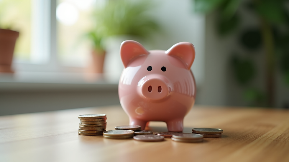 Eye-level view of a piggy bank on a wooden table with coins around it