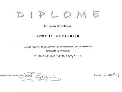 Mon diplôme de REIKI USUI SHIKI RYOHO Autorisation à transmettre et enseigner