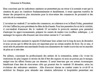 Nous demandons la réouverture des commerces pour le week-end du 27 novembre
