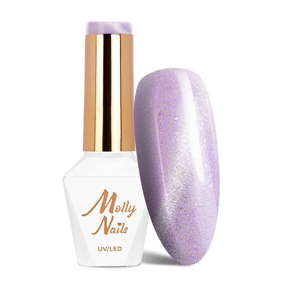 Vernis semi-permanent Molly Nails Cat Eye Pastel n°183 – flacon blanc avec bouchon doré et capsule lavande clair