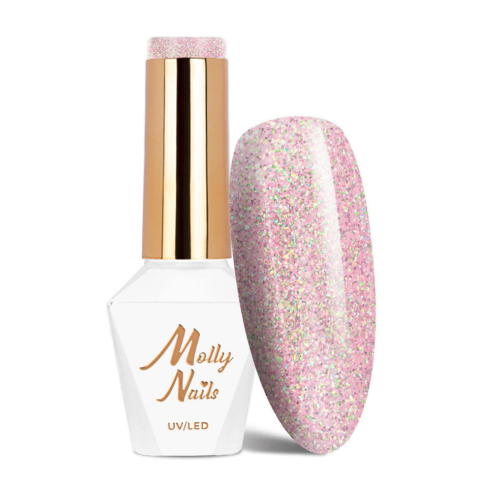 Vernis semi-permanent Molly Nails – flacon blanc avec bouchon doré et capsule rose clair scintillante à effet pailleté.