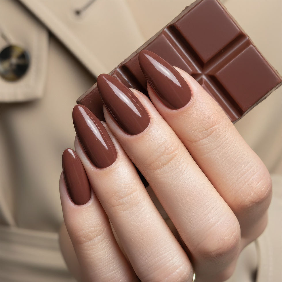 Main avec ongles manucurés recouverts du vernis hybride brun caramel 078 Sweet Hazel.
