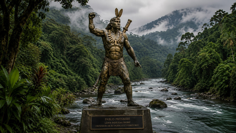 Statue of Pablo Presbere overlooking a rainforest landscape inspired by Talamanca, Costa Rica.