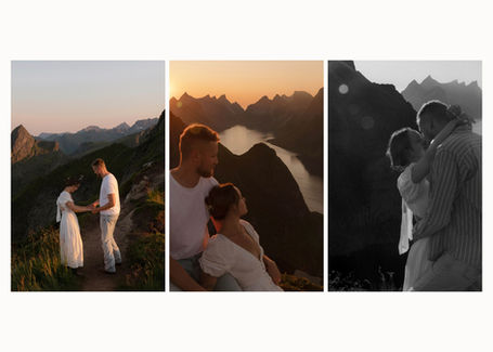 Newly engaged couple photographed under the midnight sun in the Lofoten Islands in Norway