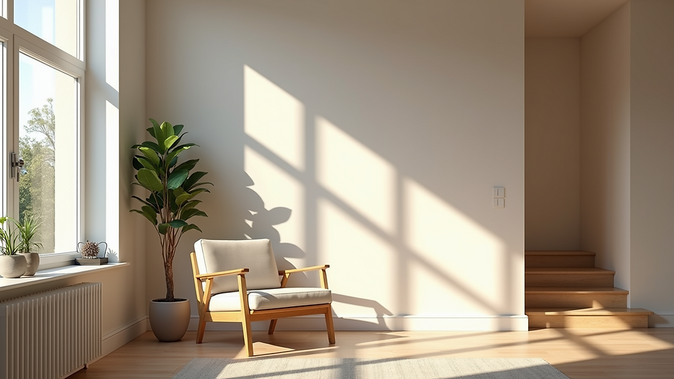 High angle view of a freshly painted living room with modern lighting