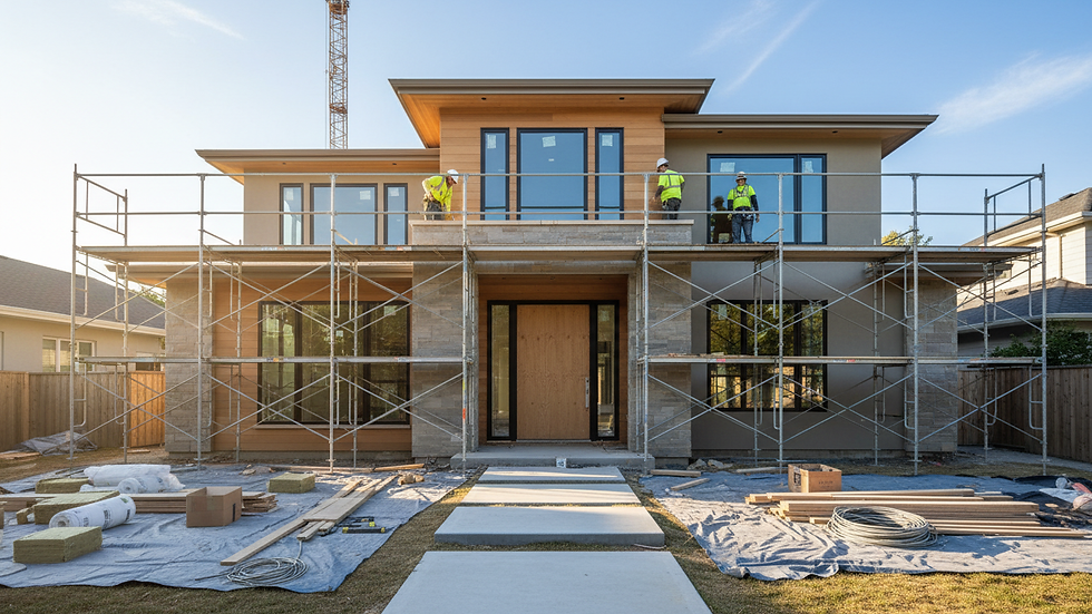 Wide angle view of a home exterior renovation with scaffolding