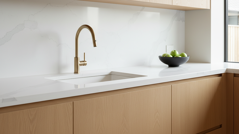 Close-up view of custom kitchen cabinetry and quartz countertops