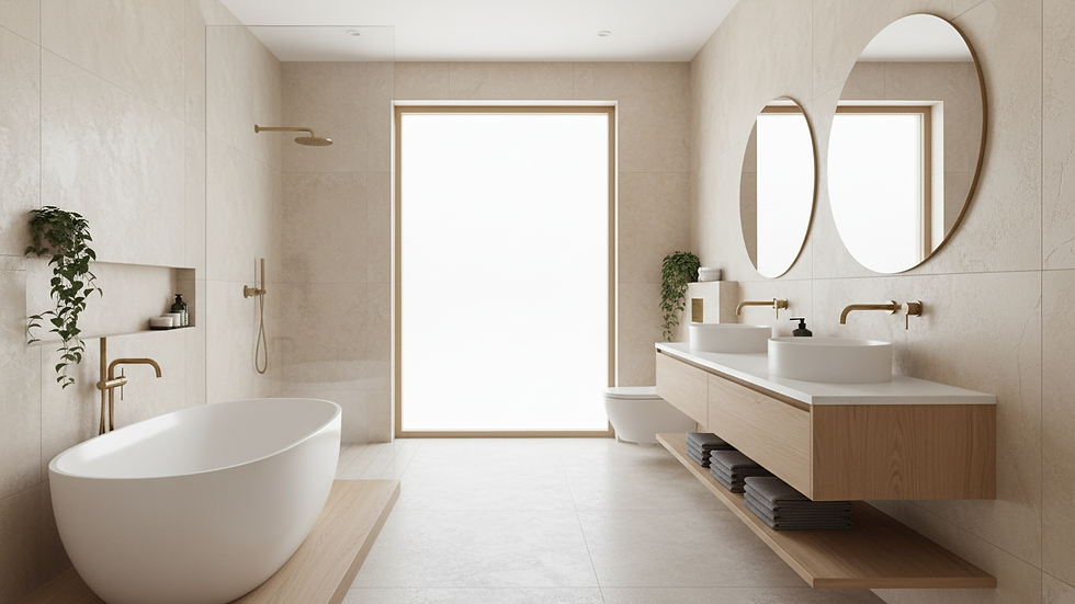 Wide angle view of a newly remodeled bathroom with modern fixtures and tile work
