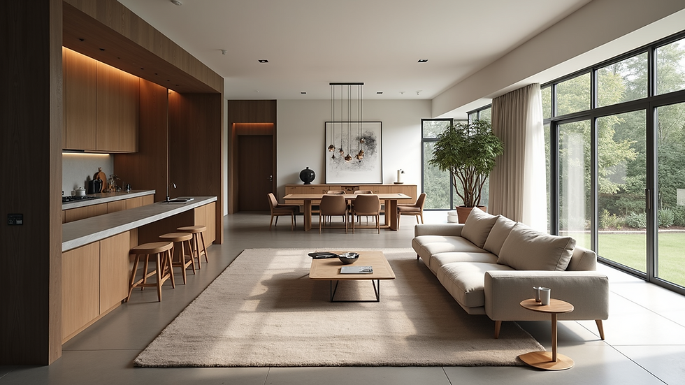 High angle view of an open-concept living and dining area with modern furniture