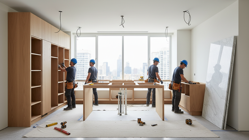 Eye-level view of a modern kitchen under renovation with new cabinetry being installed