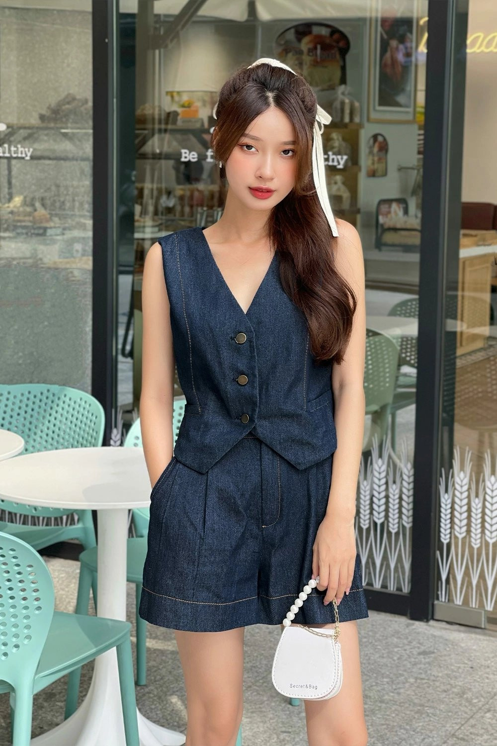 Áo gile nữ denim phối nút