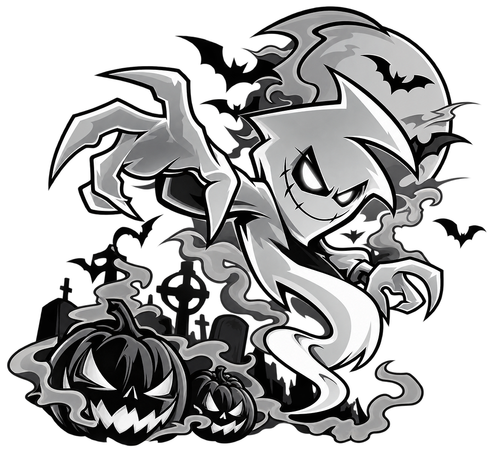 Monochrome ghost and pumpkins Halloween illustration