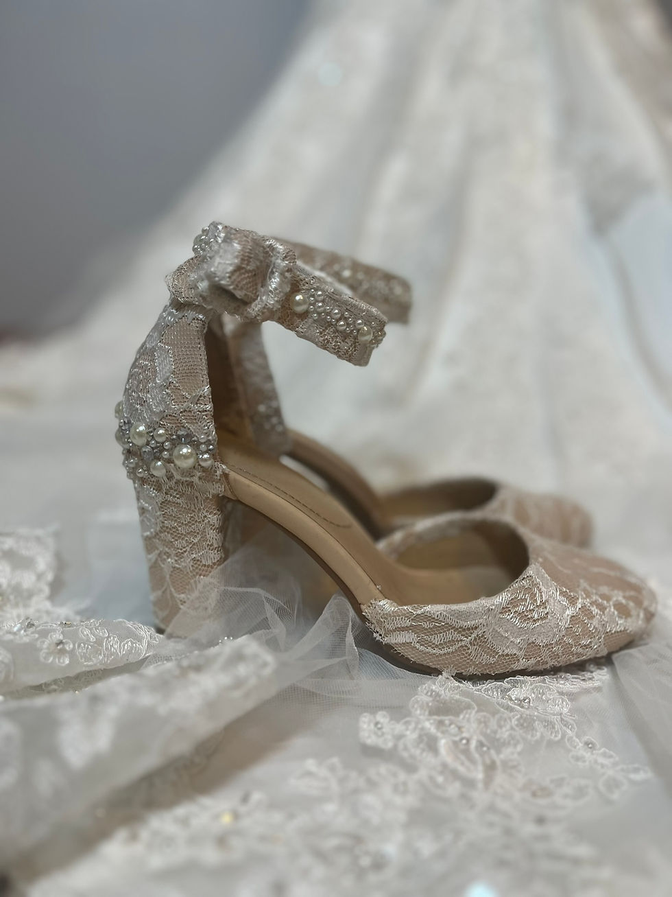 Lace Overlay Wedding Shoes with chunky heel Here Comes The Bride