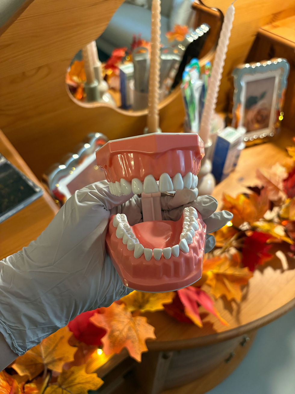 Käsi hanskassa pitää muovista leukamallia syksyisessä huoneessa. Taustalla peili ja oransseja lehtiä koristeena.