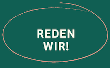 Grünes Symbol mit weißer Aufschrift "Reden wir!" und geschwungenen Linien