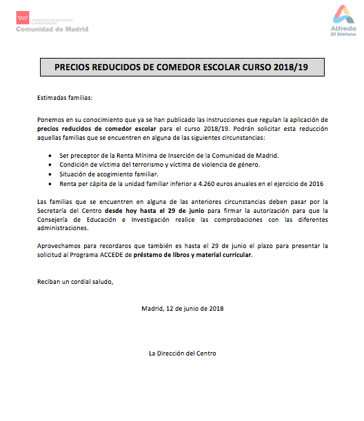 PRECIOS REDUCIDOS COMEDOR ESCOLAR 2018/2019 | Colegio Alfredo Di ... PRECIOS REDUCIDOS COMEDOR ESCOLAR 2018/2019 | Colegio Alfredo Di ...