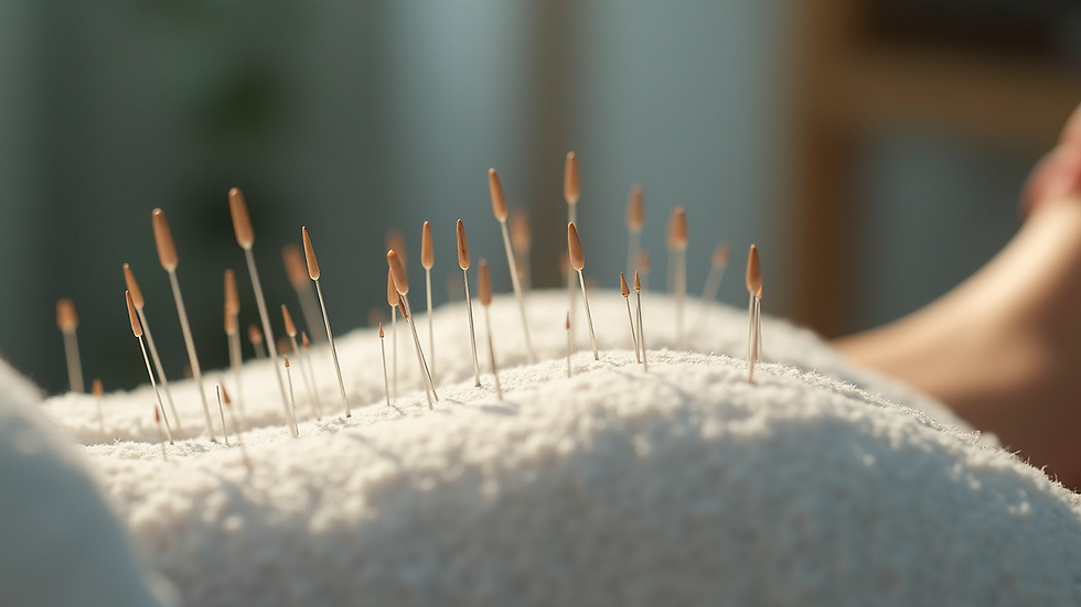 Close-up view of acupuncture needles on a treatment table