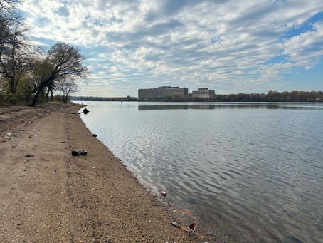 Sandy shoreline with scattered debris.