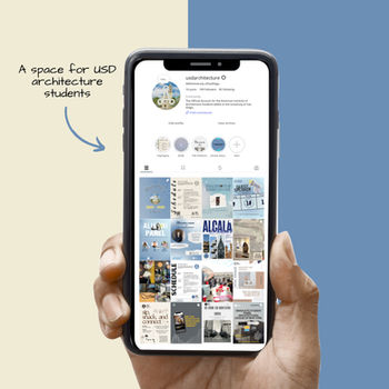 mockup of hand holding a phone showing an instagram feed