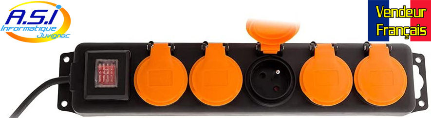 Miniature : Bloc Multiprises 5 Prises étanche Ip44 à clapets Noir et Orange, câble 1.5 m