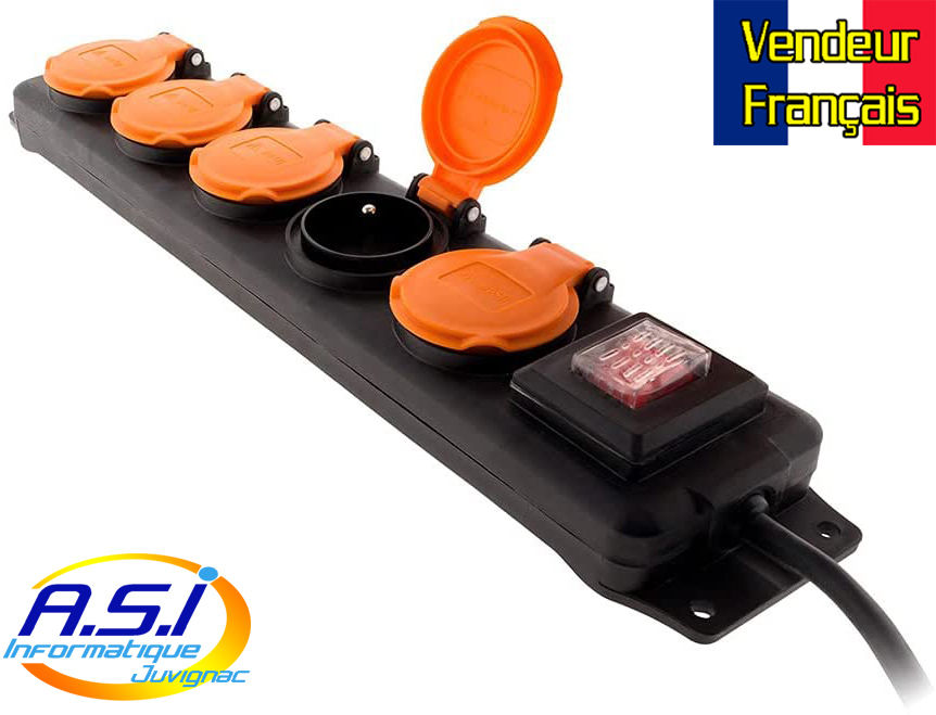 Miniature : Bloc Multiprises 5 Prises étanche Ip44 à clapets Noir et Orange, câble 1.5 m