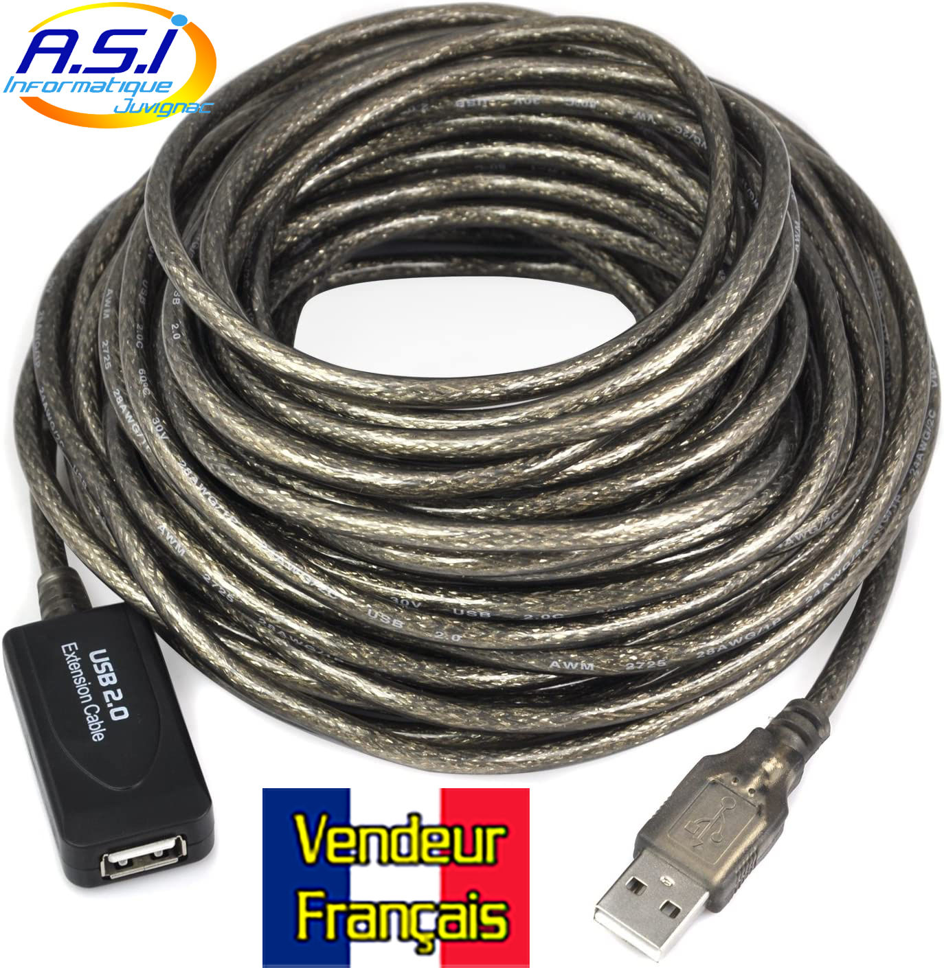 Câble rallonge USB 2 mâle Femelle 20m Extension, prolongateur VENDEUR F