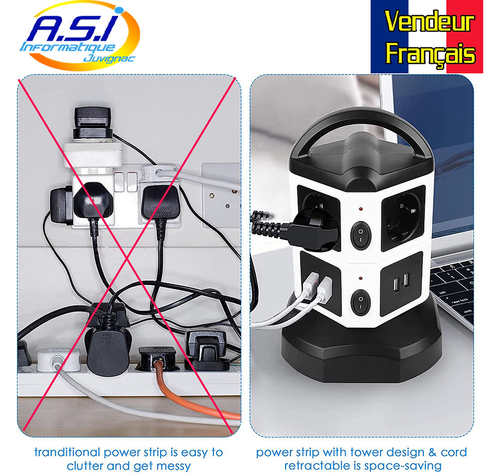 Miniature : Tour Multiprise électrique Parafoudre 2500w  + 4 USB blanc / noir