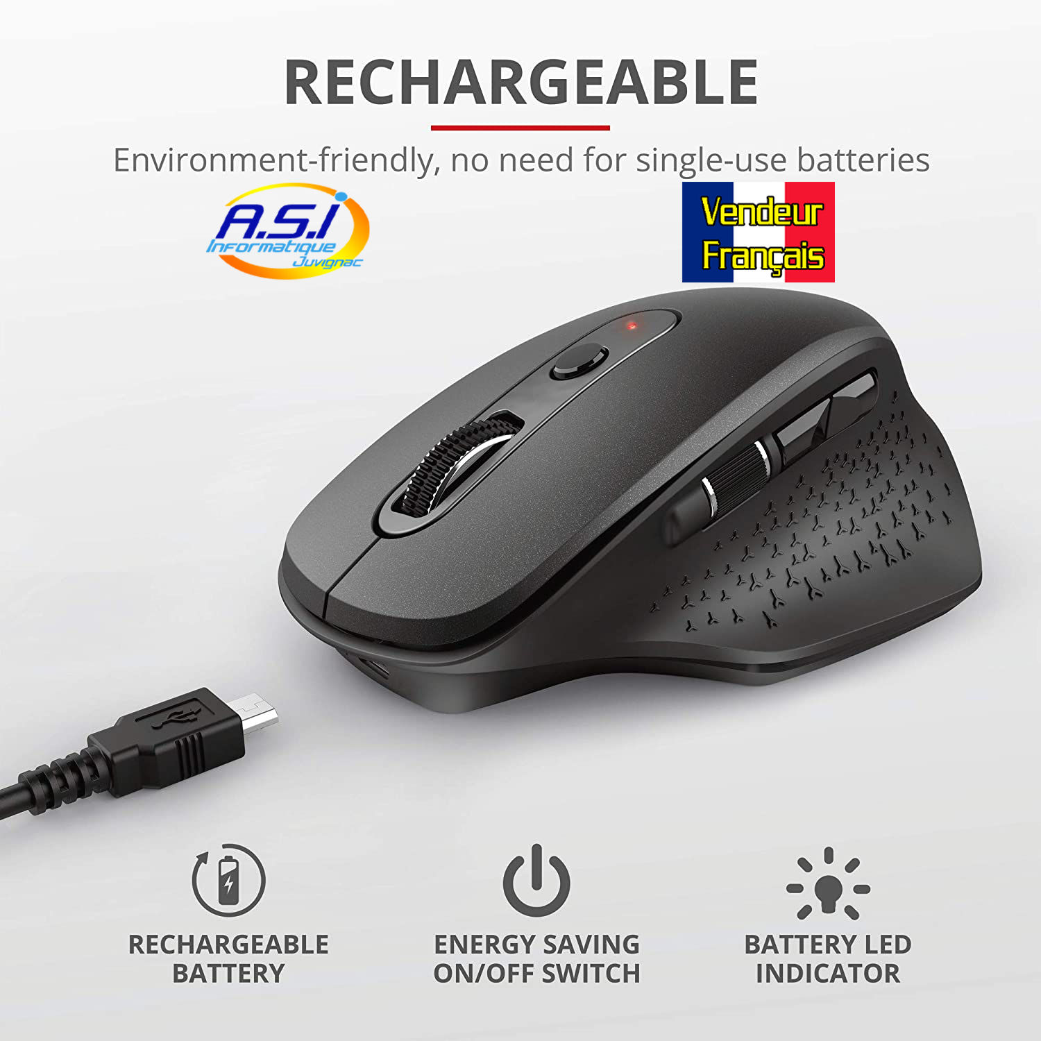 Souris sans fil Rechargeable Ergonomique Trust Silencieux Noir