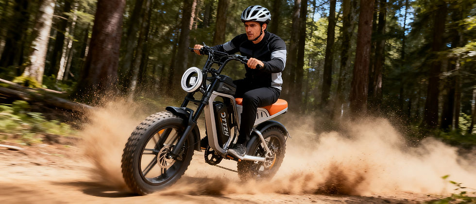 Off-road enthusiast riding the DTTZH F6 electric bike at high speeds across mountainous terrain