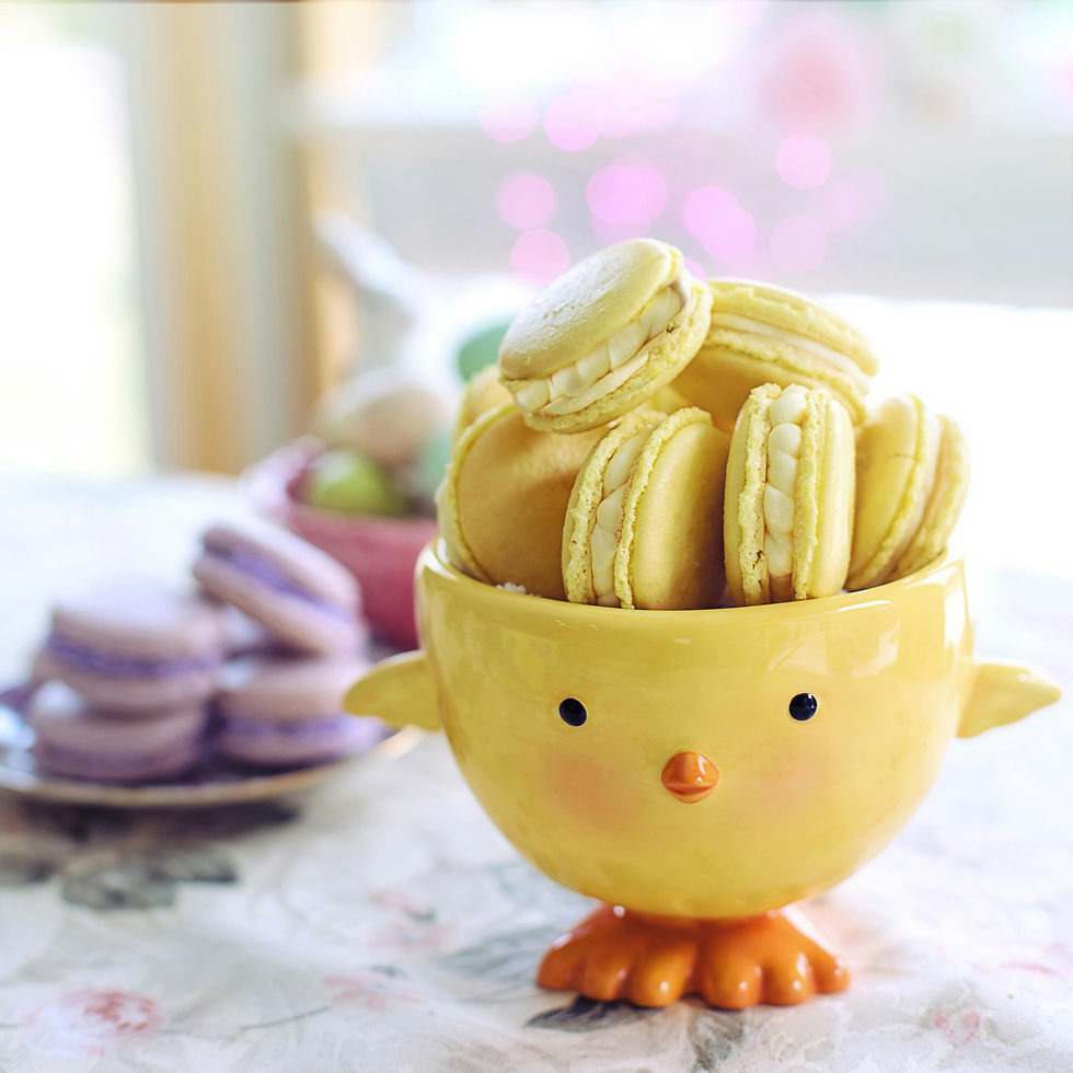 Macarons in a bowl shaped like a chick