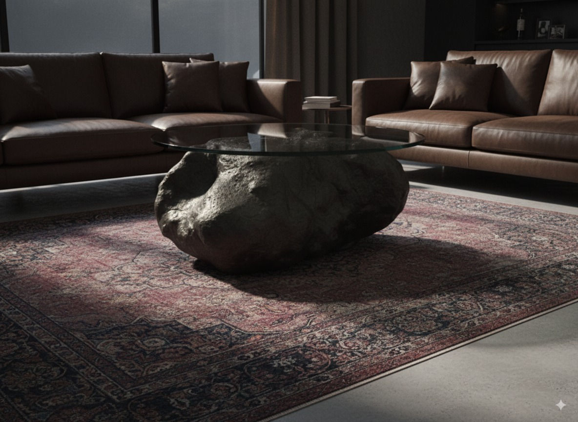 Kaya görünümlü beton camlı sehpa