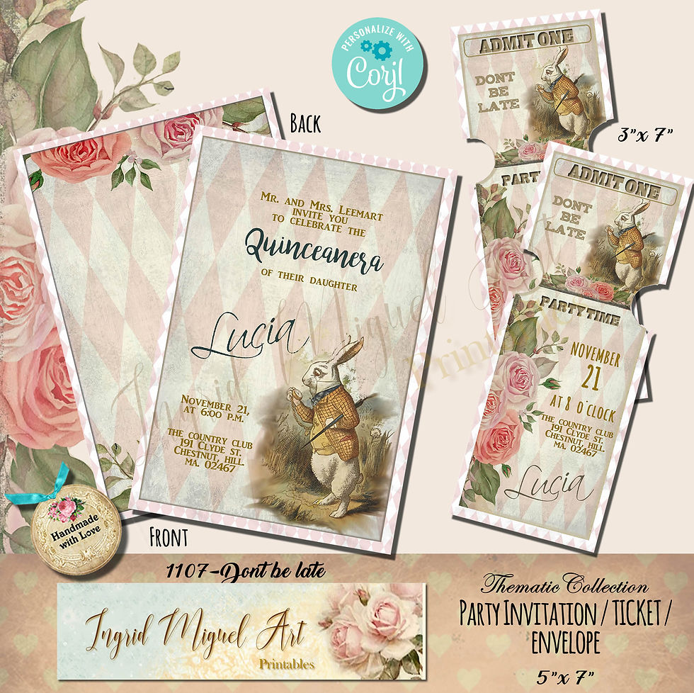Thumbnail: Invitación Conejo Alicia en el pais maravillas digital editable /F-1107